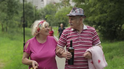 picnic familiar de fin de semana. pareja de abuelos mayores activos en el parque. marido y mujer caminan juntos