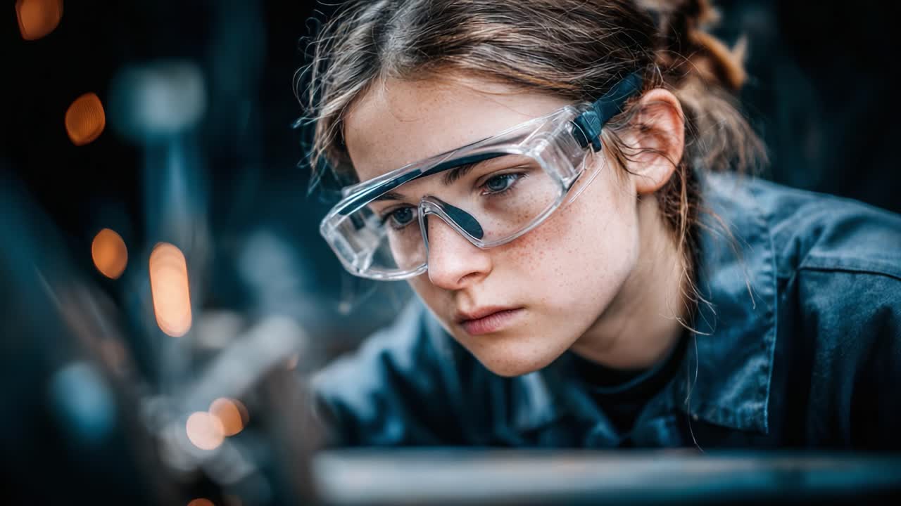 Ung, kvindelig ingeniør fokuserer på praktisk arbejde i et værksted: Et indblik i den moderne ingeniørverden og faglærte erhverv