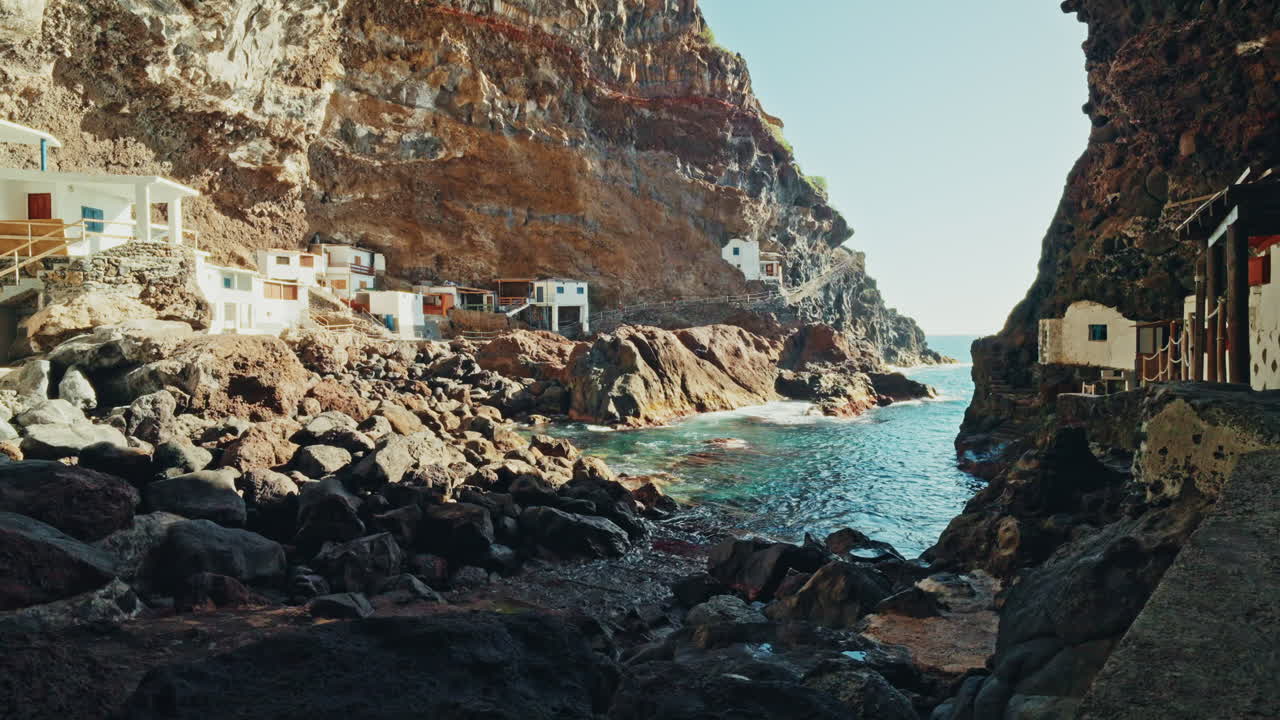 Panoramic view inside the Porís de Candelaria in Palma Island, Canary Islands, Spain. Fishing village inside a rugged coastline cave. Hidden Gem.
