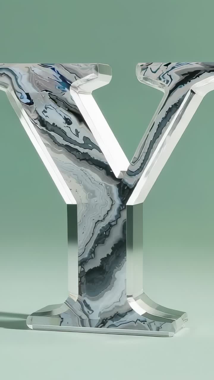 Vertical video: Panning camera revealing 3D letter Y on base in studio, to highlight marble pattern