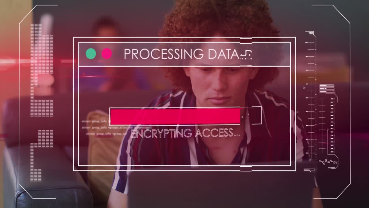 animación del procesamiento de datos sobre empresario biracial en la oficina