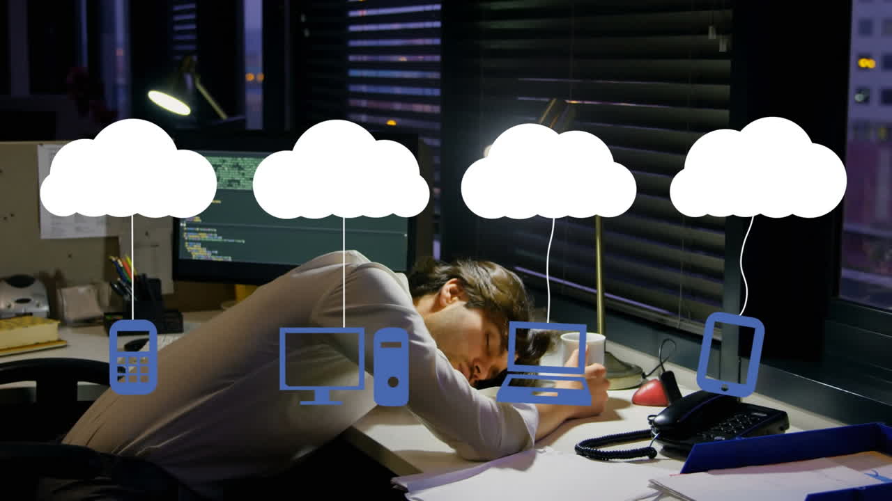 Animation of digital icons and clouds over businessman sleeping on desk in office