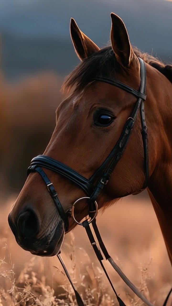 Ritratto ravvicinato di un maestoso cavallo in uno splendido paesaggio dorato al crepuscolo, che mostra le sue caratteristiche aggraziate e il ricco manto marrone sotto una luce soffusa