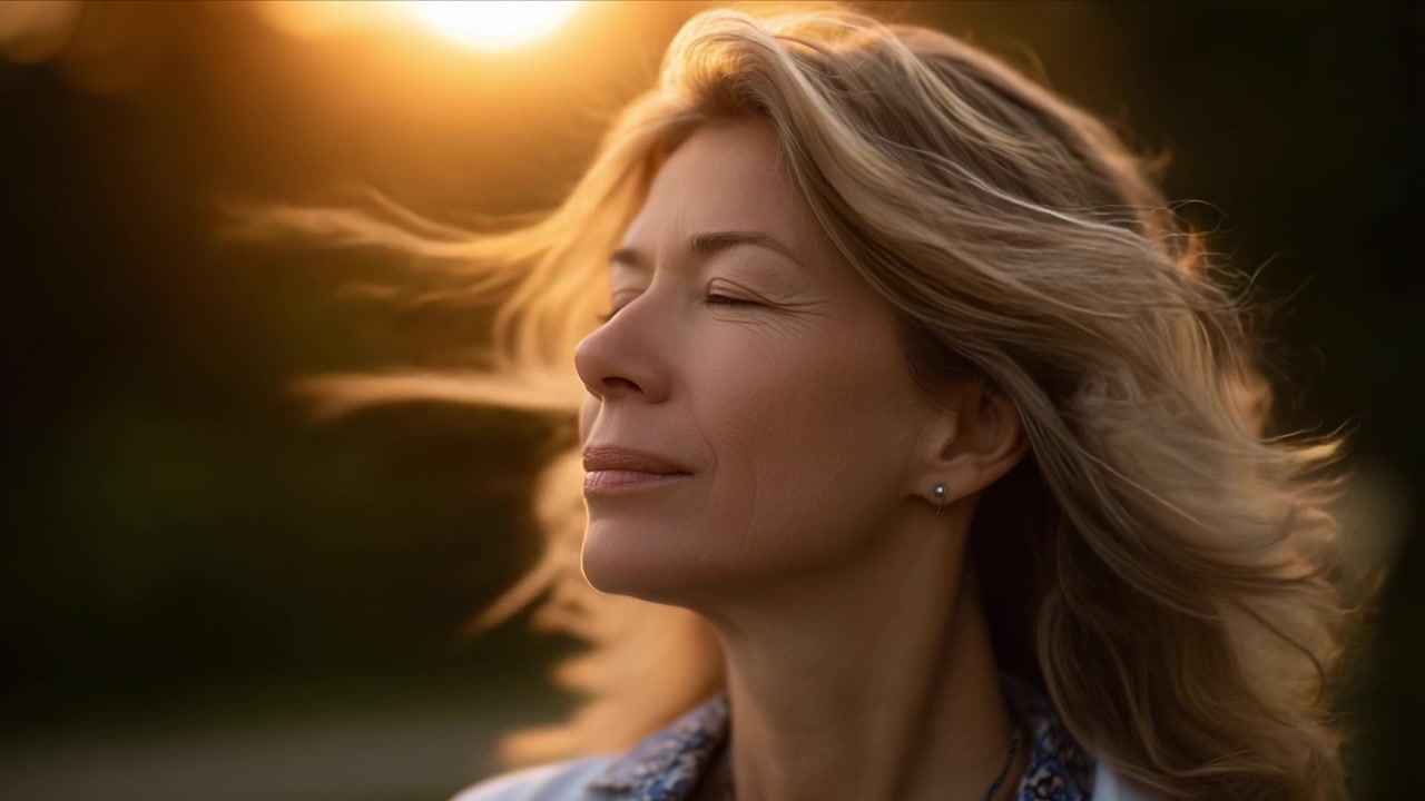 Un momento sereno catturato nel tempo: una donna che abbraccia il calore del sole al tramonto, irradiando pace, contentezza e bellezza naturale in un'atmosfera tranquilla.