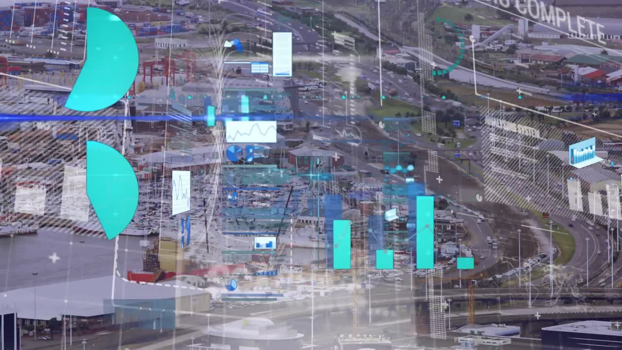 animación de una pantalla digital con diversos datos y gráficos de procesamiento sobre el tráfico vial.
