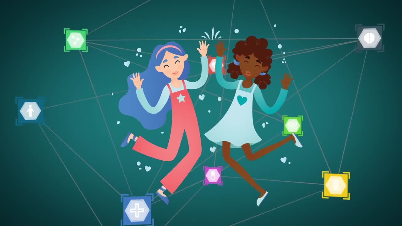 Animazione di icone mediche su un'icona di ragazze diverse