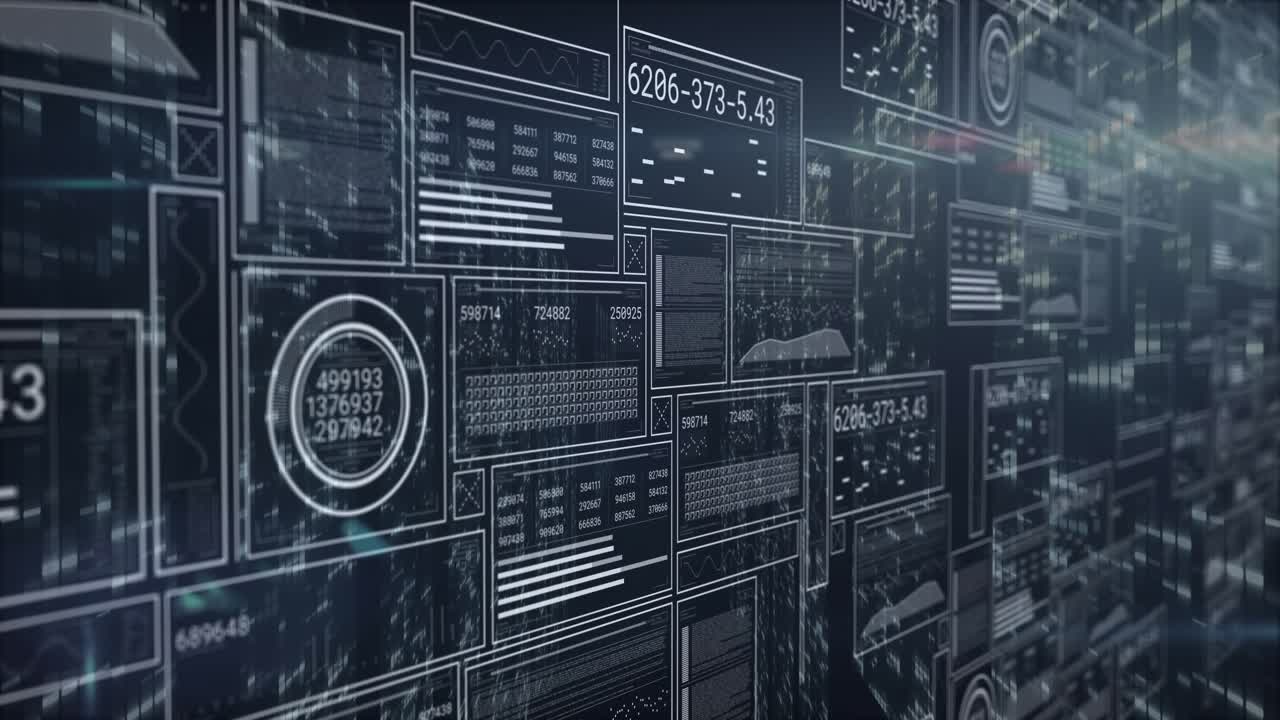 Floating 3D interface panels projecting readouts in depth, showing line charts and pie charts