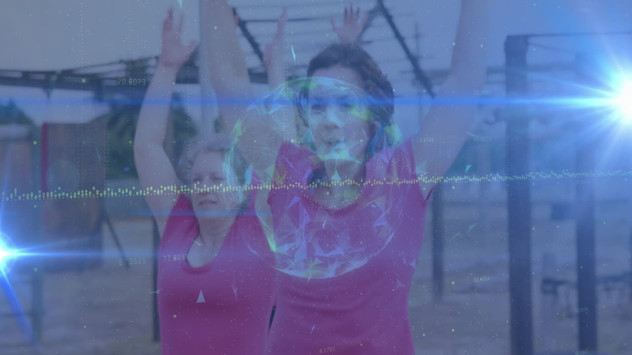 Women exercising outdoors with digital data and holographic animation overlay