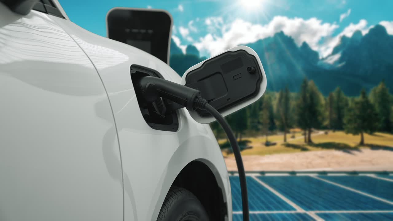 Elektrikli araç ve güneş hücresinin ilerici yenilenebilir ve temiz enerji teknolojisi.