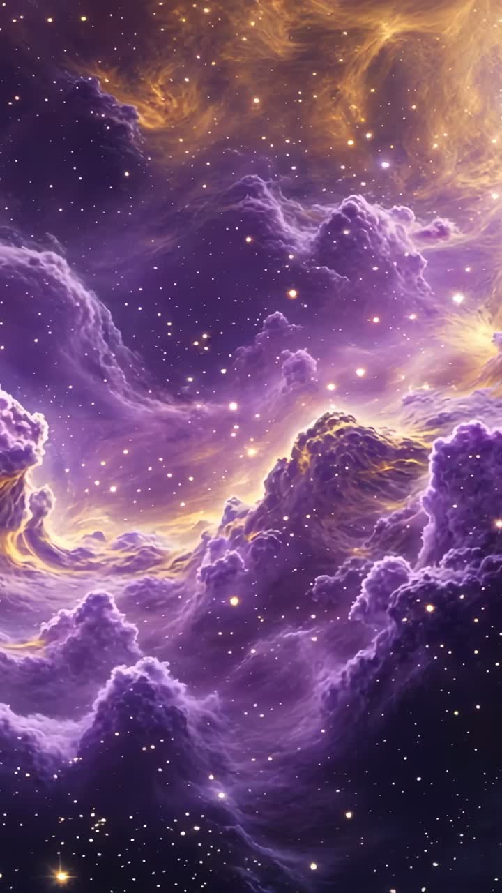 Vertical video: Camera panning shifting purple nebula clouds in outer space, starry gold highlights