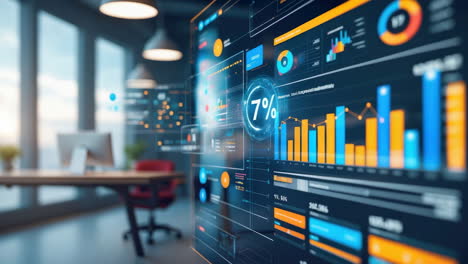 digital data analytics dashboard in a modern office environment
