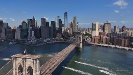 Manhattan Bridge Seen From the Coast Next to the DUMBO Area with Completely Clear Skies Manhattan. Manhattan Bridge seen from the coast next to the D.U.M.B.O area, with completely clear skies. Manhattan skyline can be seen on the back. High quality footage