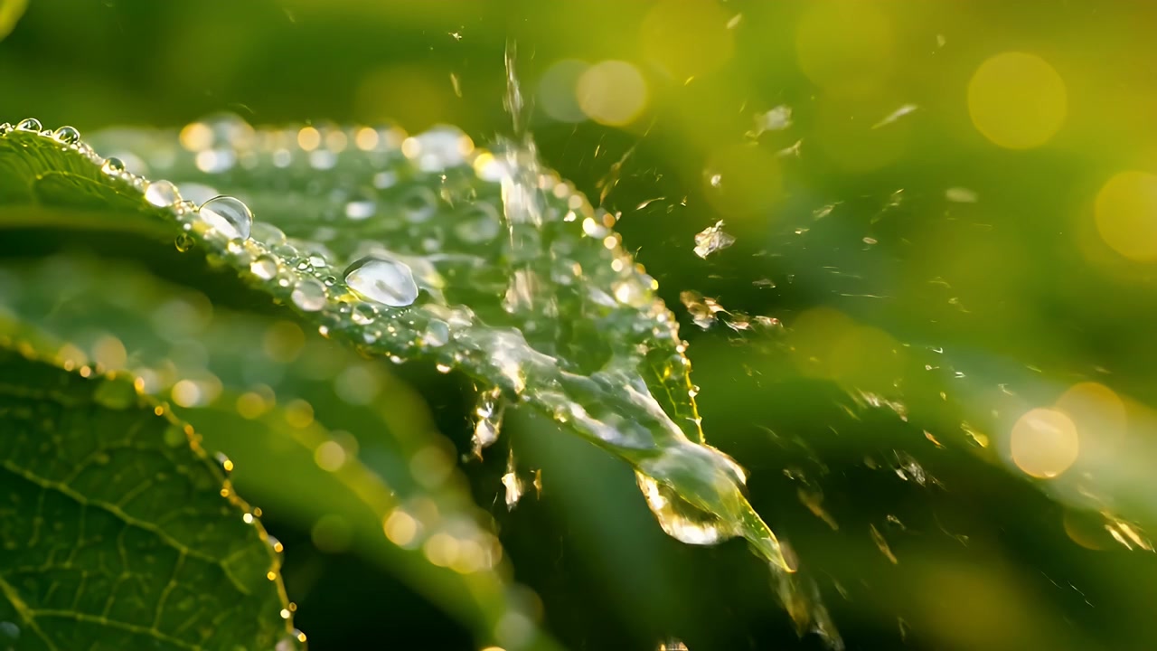 Gocce di pioggia che cadono su una foglia verde alla luce del sole