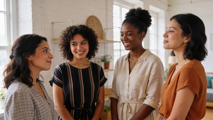 Speaking speaker tilting head, sharing plan, four women in workwear smiling, nodding at loft window