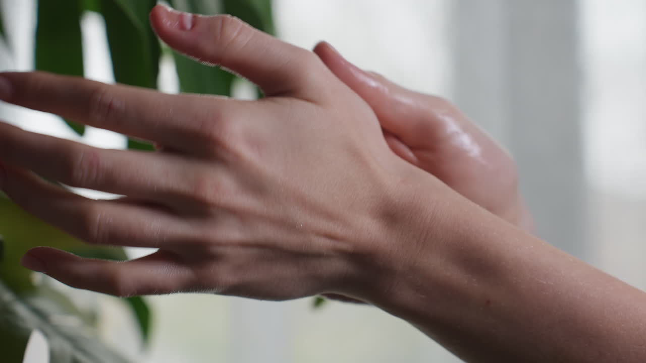 Massage therapist gently rubbing cream between hands with shiny skin, natural light illuminating fingers, lush green leaves softly blurred in background suggesting calm spa or botanical setting