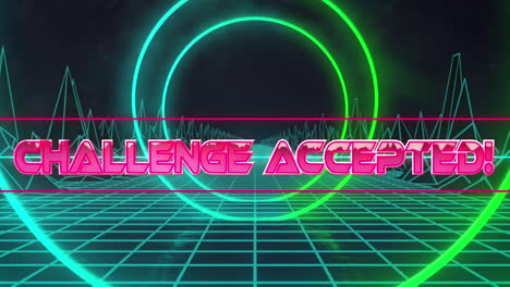 animation of challenge accepted text on concentric circles over grid network and metaverse structure
