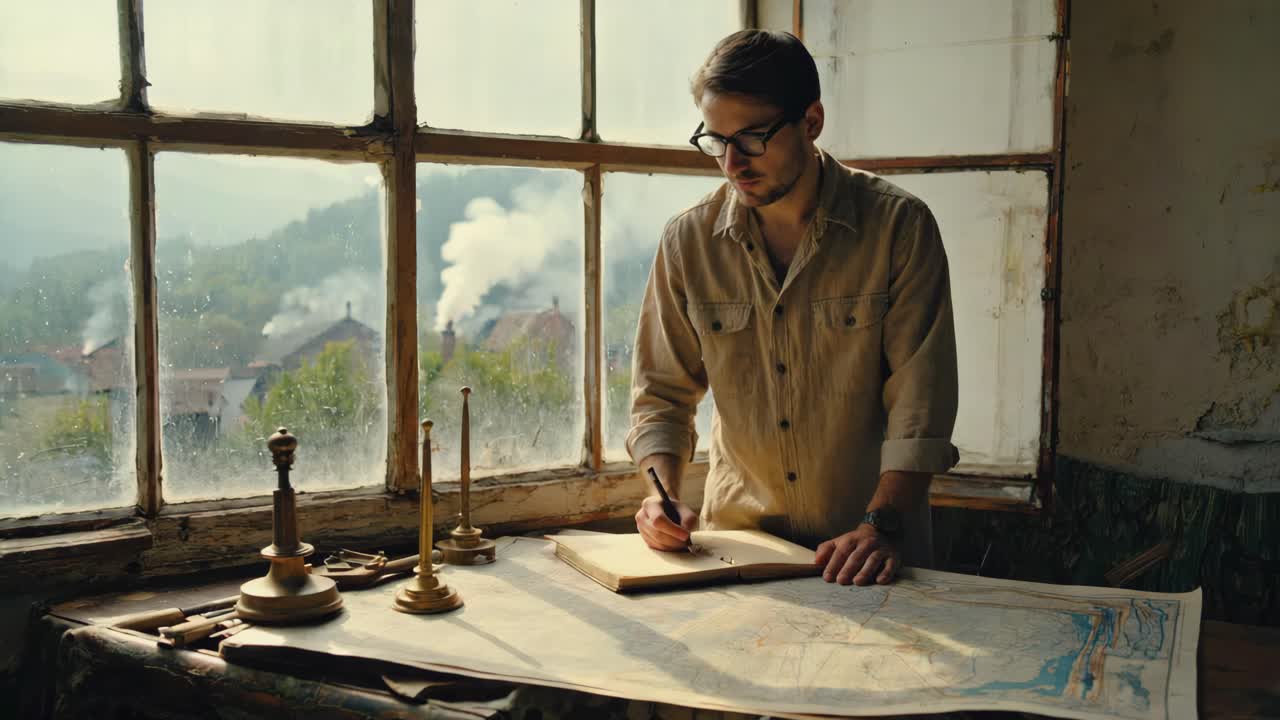 Man writing on a notebook next to a map by the window