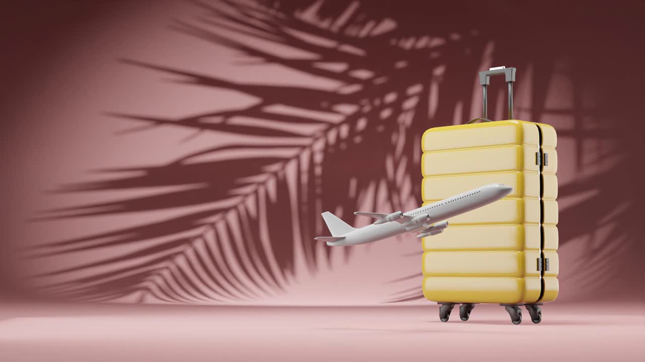 concepto de viaje vacaciones vacaciones 3d renderización de despegue de vuelo con árboles de palma entorno tropical en el fondo