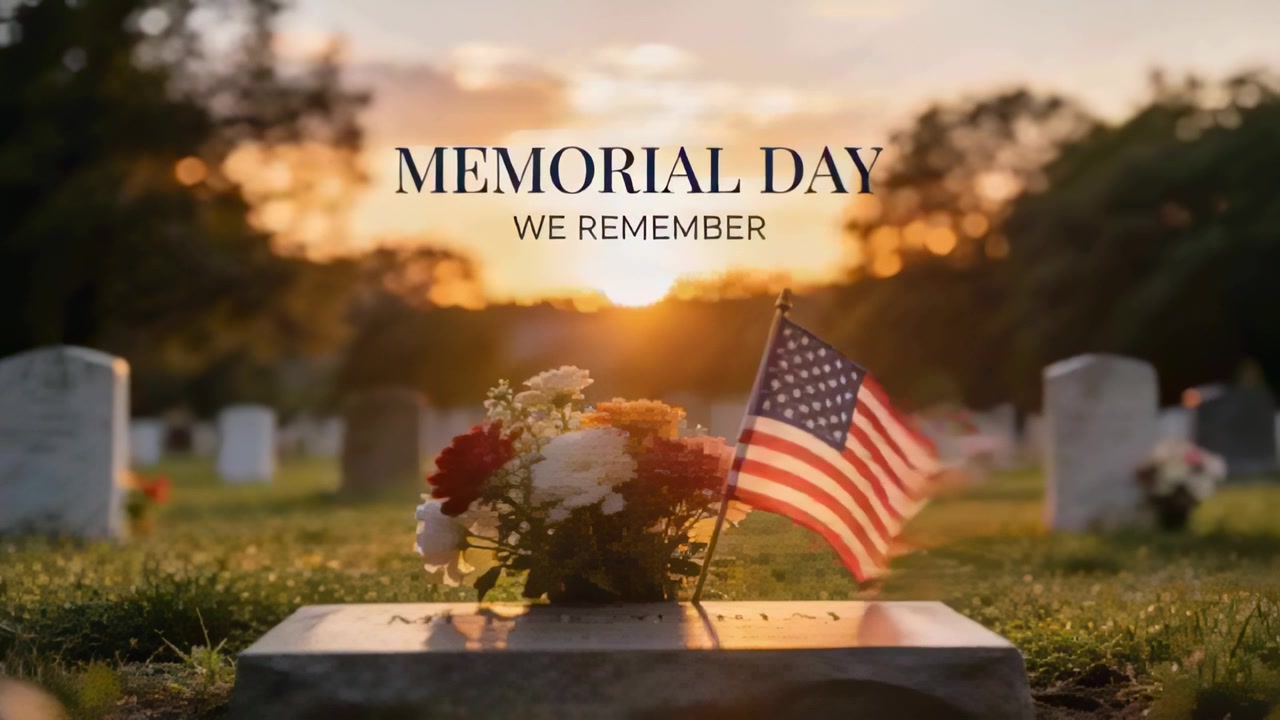 Lifting US flag in gentle breeze, shifting bouquet on grave in cemetery, MEMORIAL DAY honoring vets