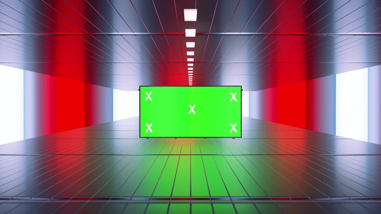 추상적인 크리에이티브 터널 및 그린 스크린 알파 채널 광고판 모형: 네온, 파란색 보라색 led 바 및 기술, sf, 미래의 사이버 크, 빈 프레임으로 3d 렌더링