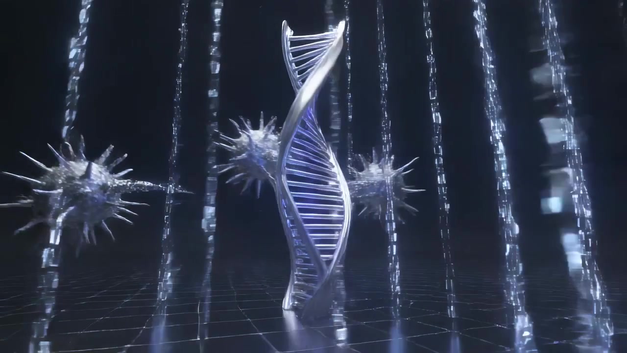 Floating in spiky particles circling metallic blue DNA helix on grid floor, forming bead columns