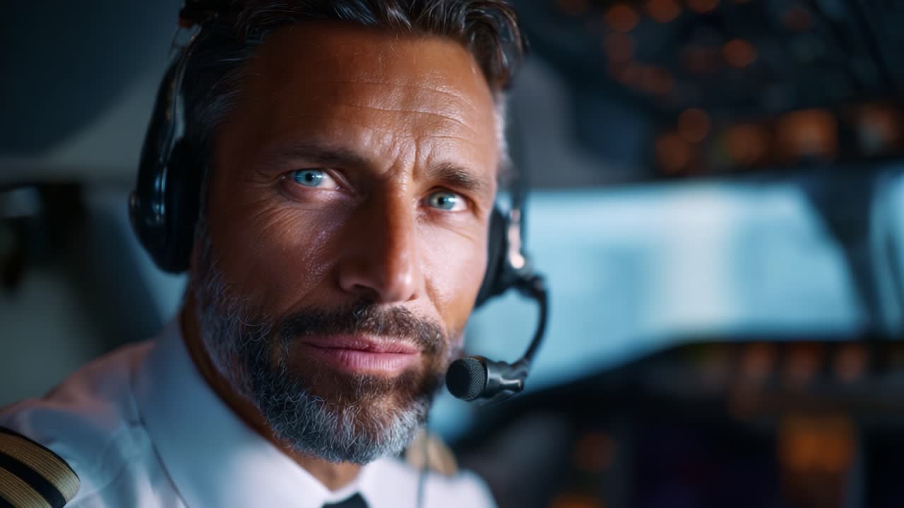 Dedicated Professional Pilot in Cockpit: Captivating Close-Up of a Confident Male Aviator with Headset in a Modern Aircraft During Flight Operations
