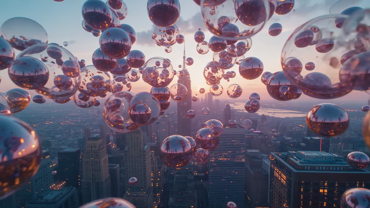 Transparent spheres emerging and drifting over city rooftops at sunrise, reflecting urban panorama