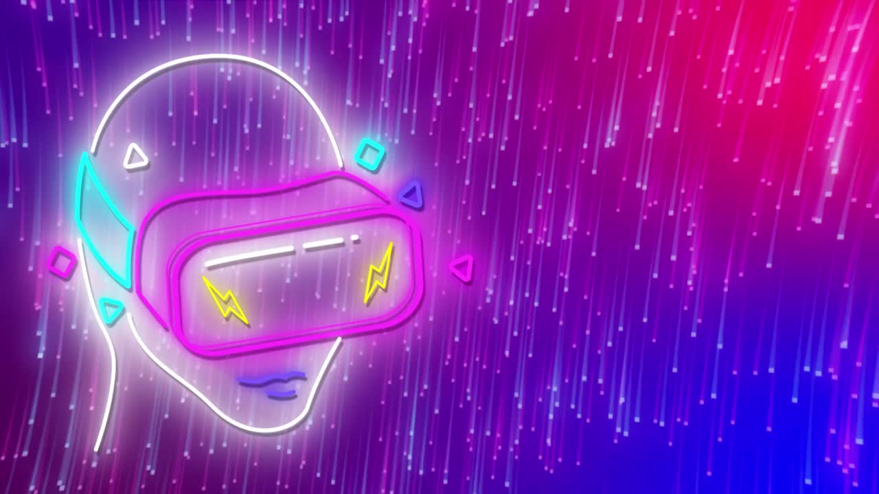 Animazione neon di persona con visore VR, su scie luminose rosa e viola