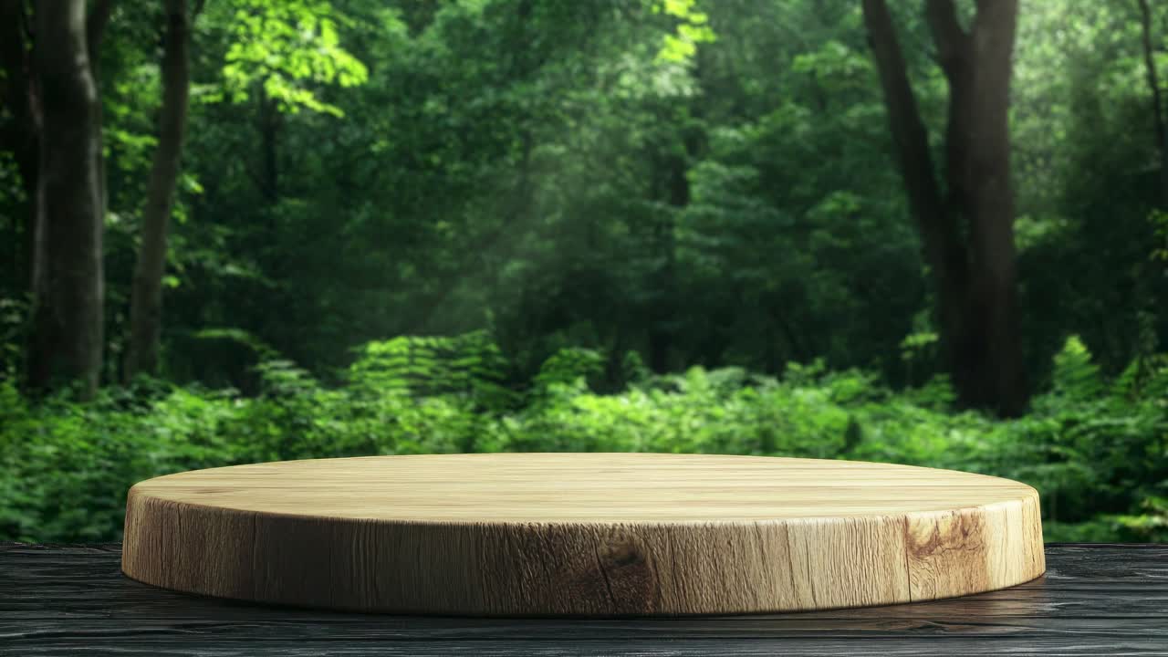 A wooden platform in a lush forest setting, captured from a low-angle