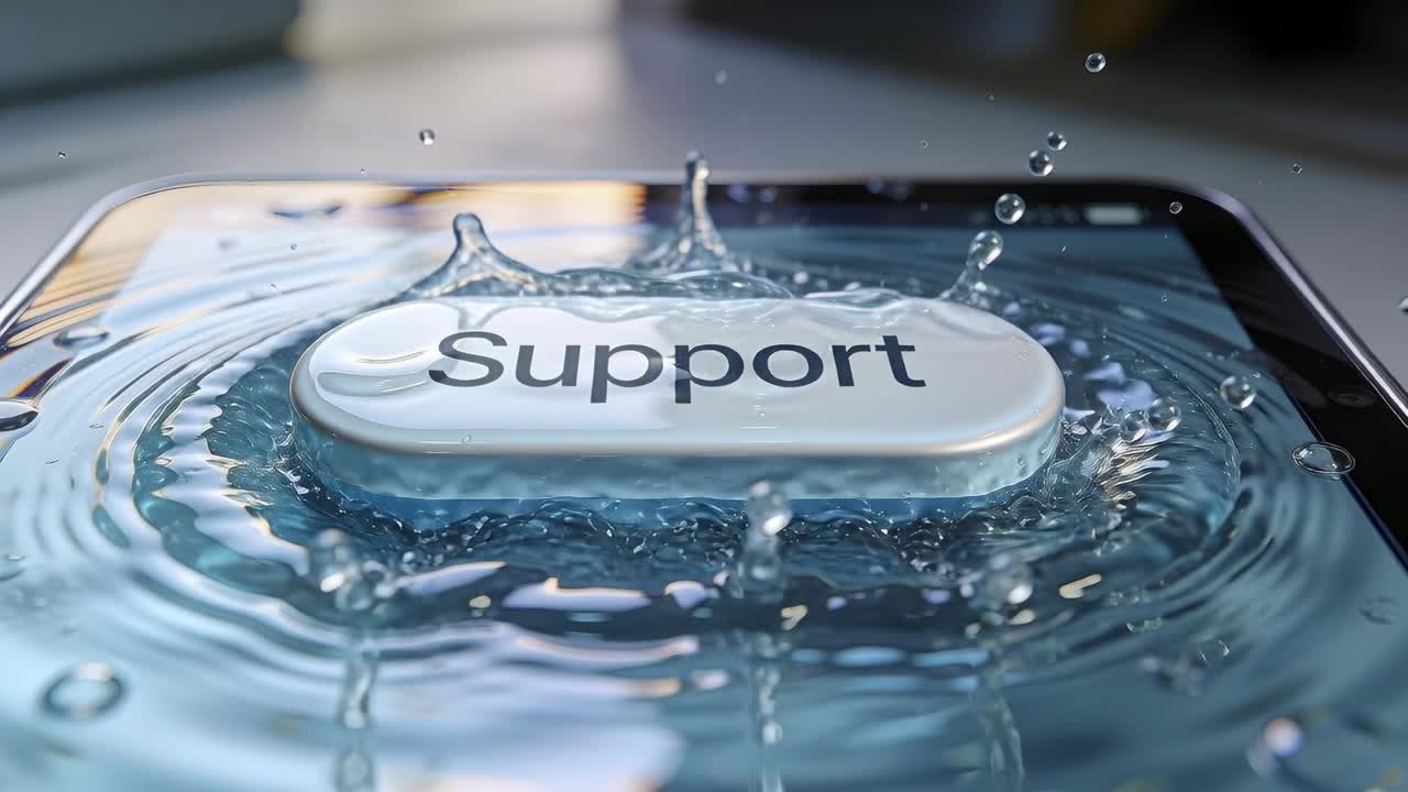 Reacting to droplet impact, pill-shaped white Support button bobbing on phone screen with ripples