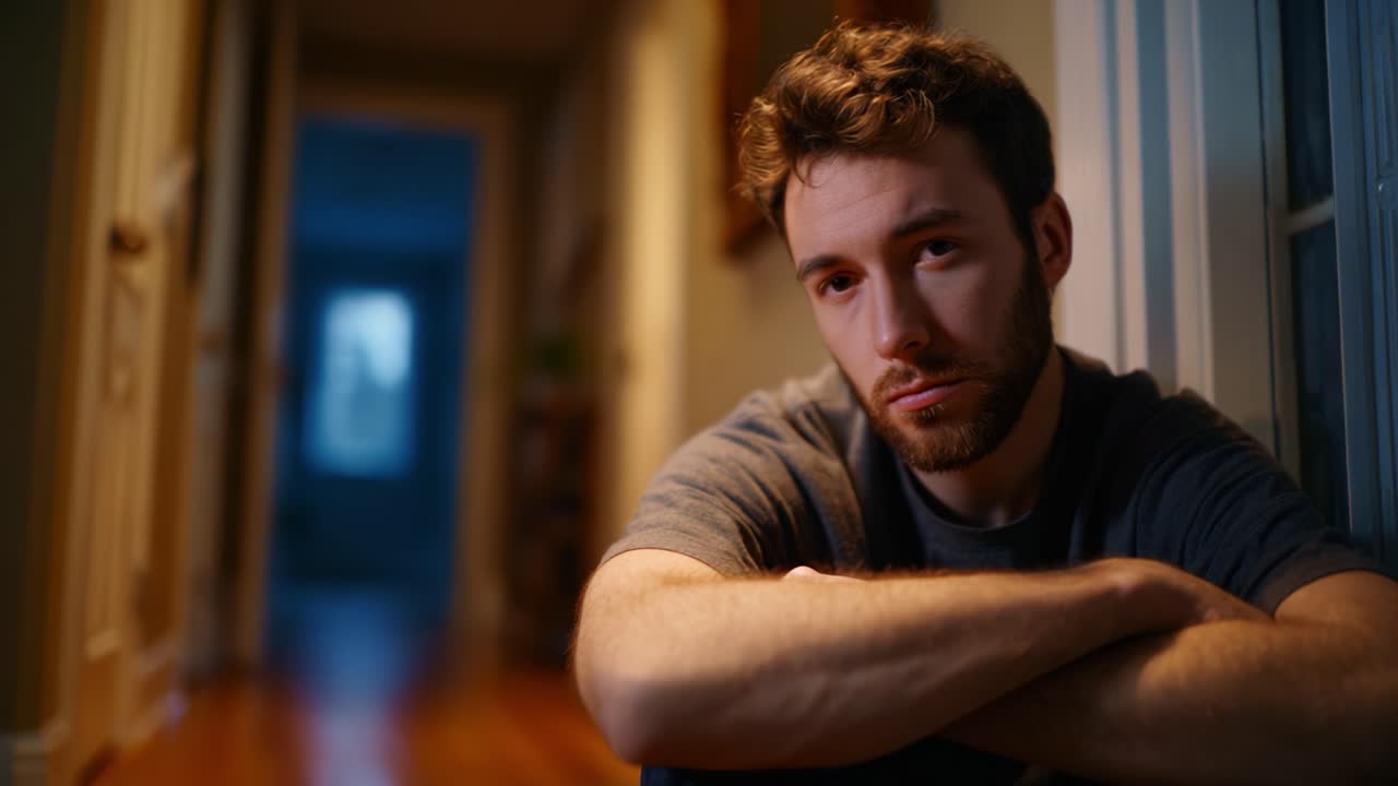 A contemplative moment encapsulated in two frames, revealing a young man's introspective gaze as he sits in a dimly lit hallway, reflecting on his thoughts and feelings
