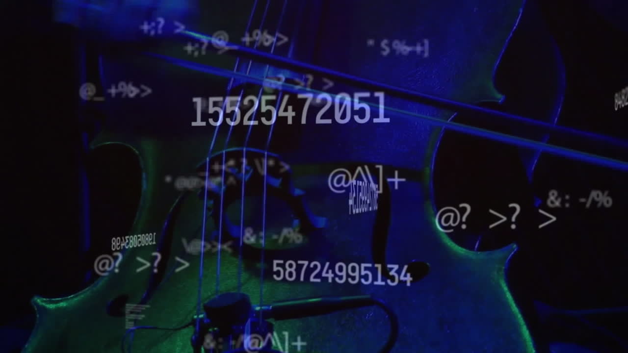 animación de procesamiento de datos sobre músico caucásico tocando el violín