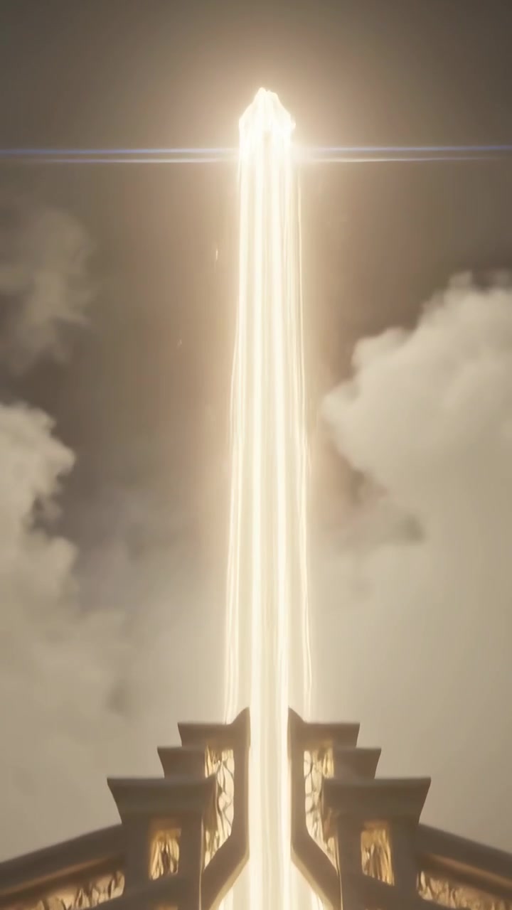 Vidéo verticale : Portail orné émettant un faisceau lumineux intense depuis une fente de panneau à travers les nuages, avec un reflet d'objectif.