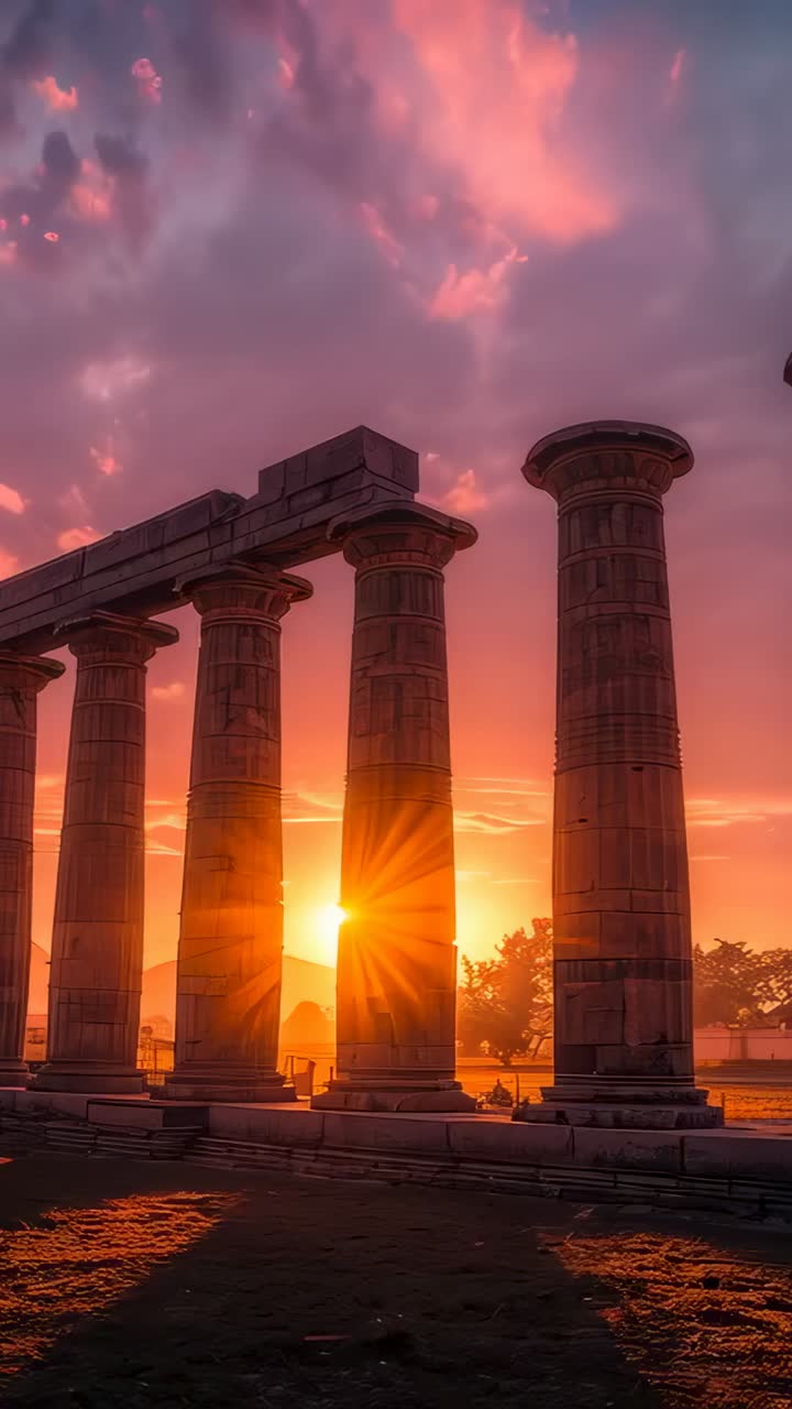 Vertical video: Low sun aligning between columns at ruins on grassy plain, casting starburst flare