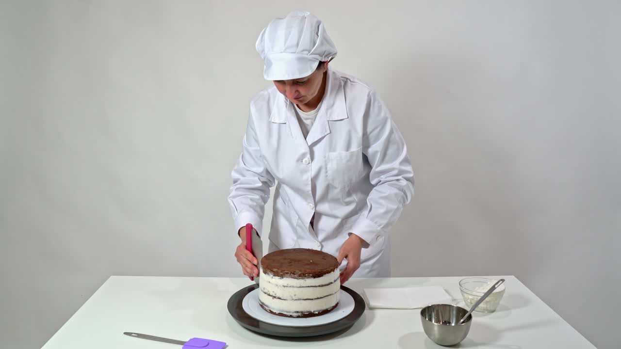 Baker fjerner overflødig krem fra sidene av en sjokoladekake ved å rotere stativet og bruke en slikkepott
