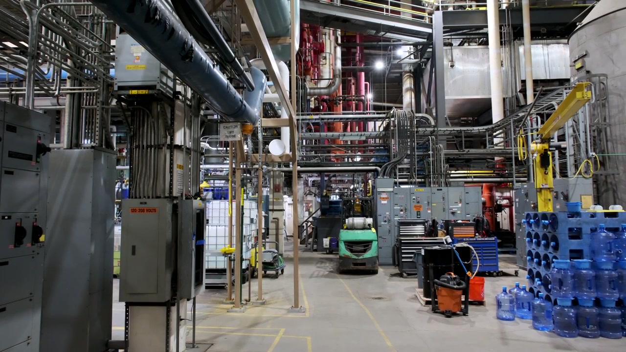 Industrial manufacturing facility with complex machinery, pipelines, and a forklift operating on a production floor inside a modern factory.