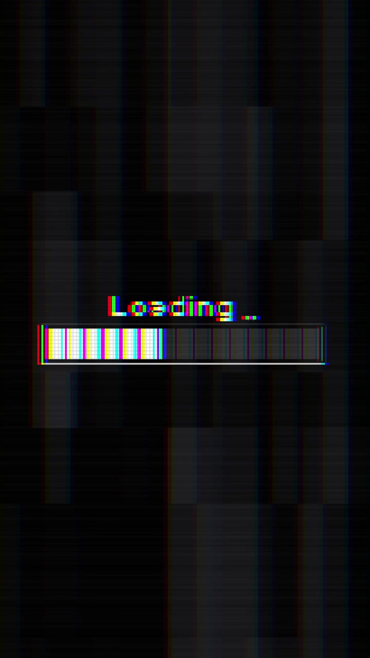 Glitch loading progress bar background with chromatic pixel distortion blocky dark pattern and white