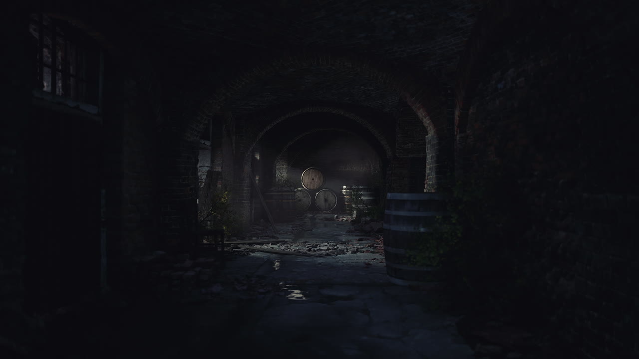 Dark and mysterious underground corridor with barrels and water reflections