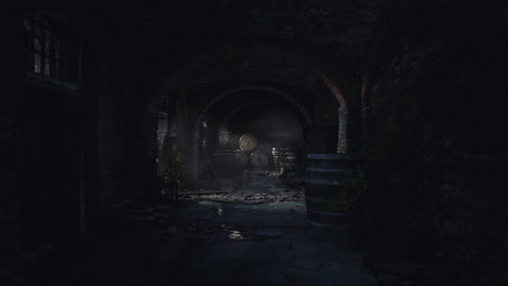 dark and mysterious underground corridor with barrels and water reflections