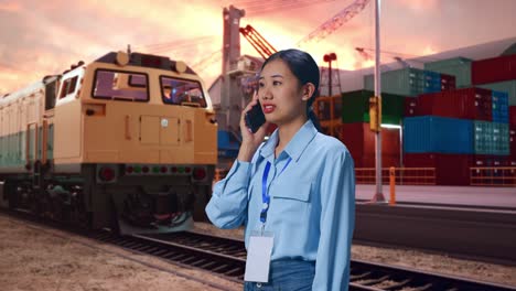 side view asian female with freight cargo train at port, she pick the phone up and started to specking to it with a slicely smile