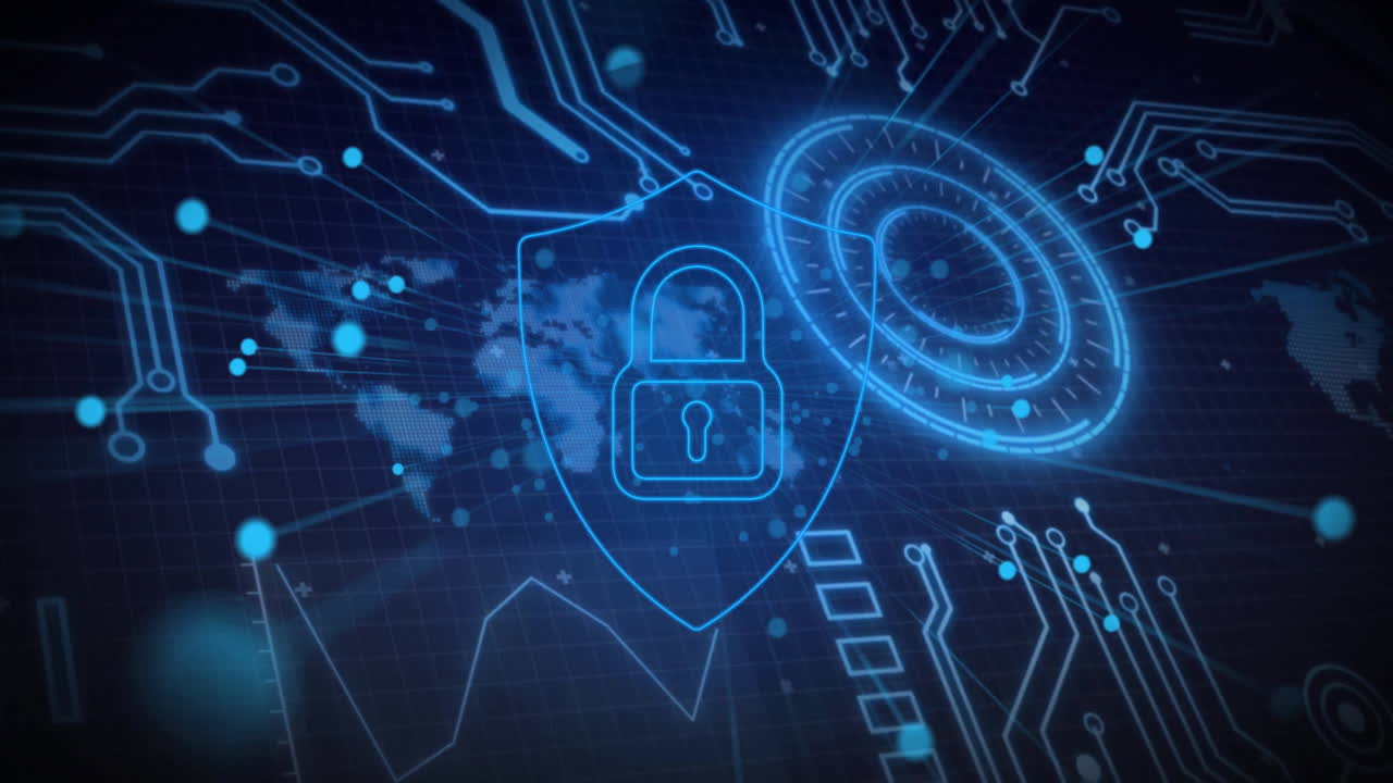 Animation of network of connections with padlock icon and circuit board over dark background