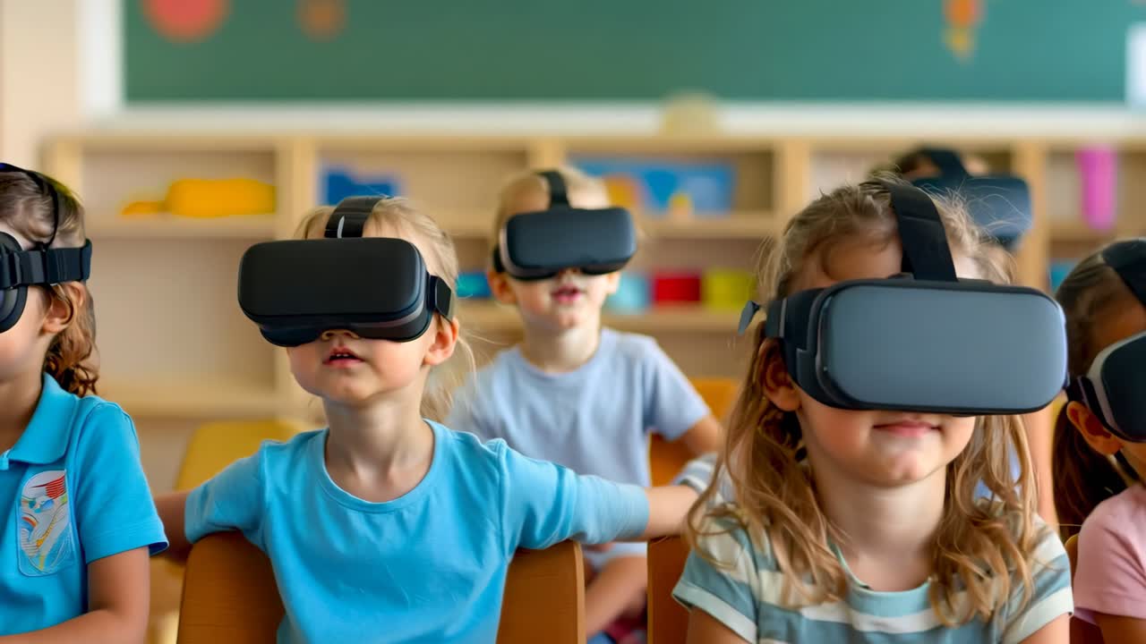 un grupo de niños con auriculares de realidad virtual en un aula