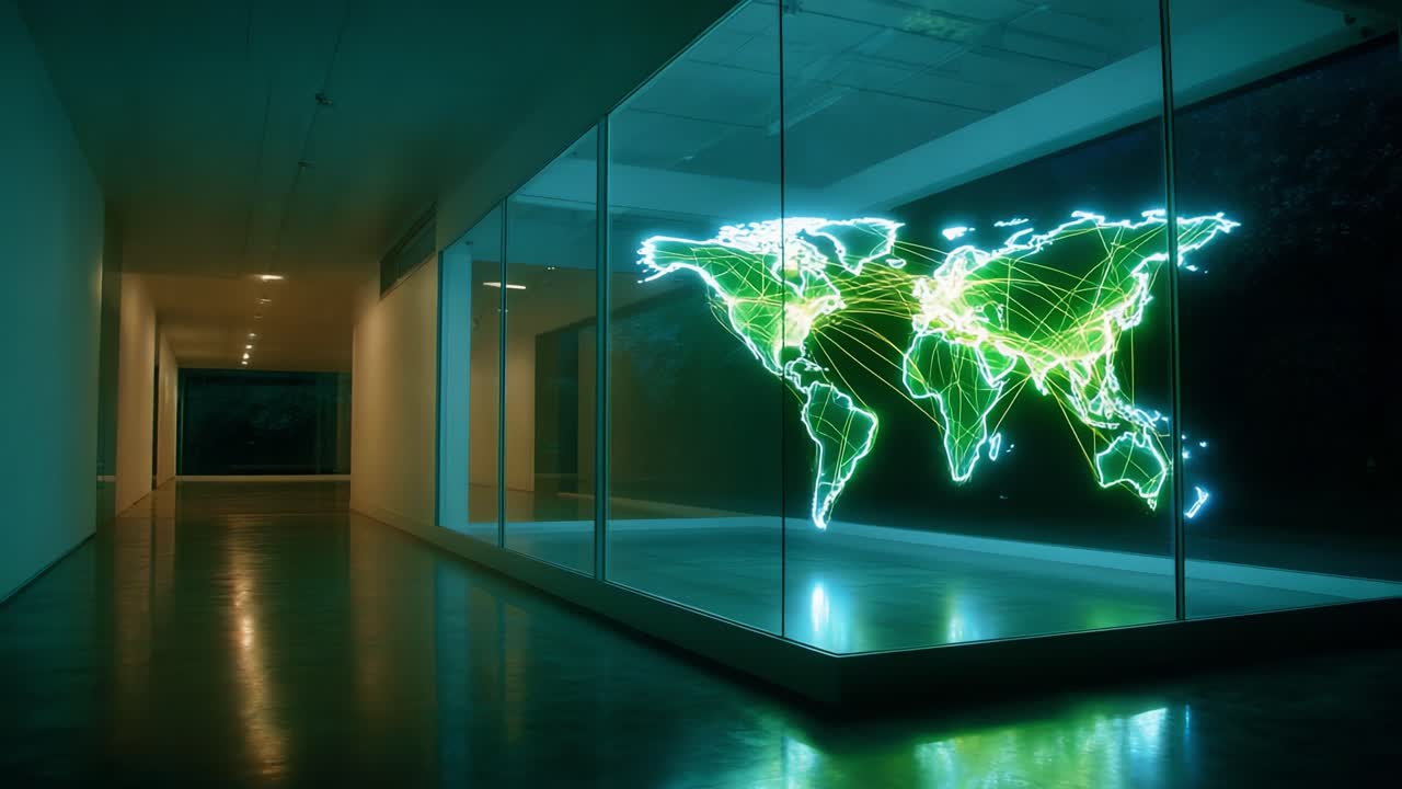 A Stunning Display of a Neon World Map Highlighting Global Connections in a Modern Gallery Space with a Minimalist Aesthetic, Showcasing the Interconnectivity of Continents Through Light and Technology