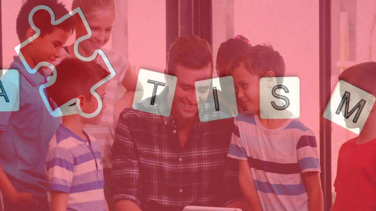 다채로운 퍼즐 조각과 자폐증 텍스트의 애니메이션 남성 교사와 함께 학교 어린이