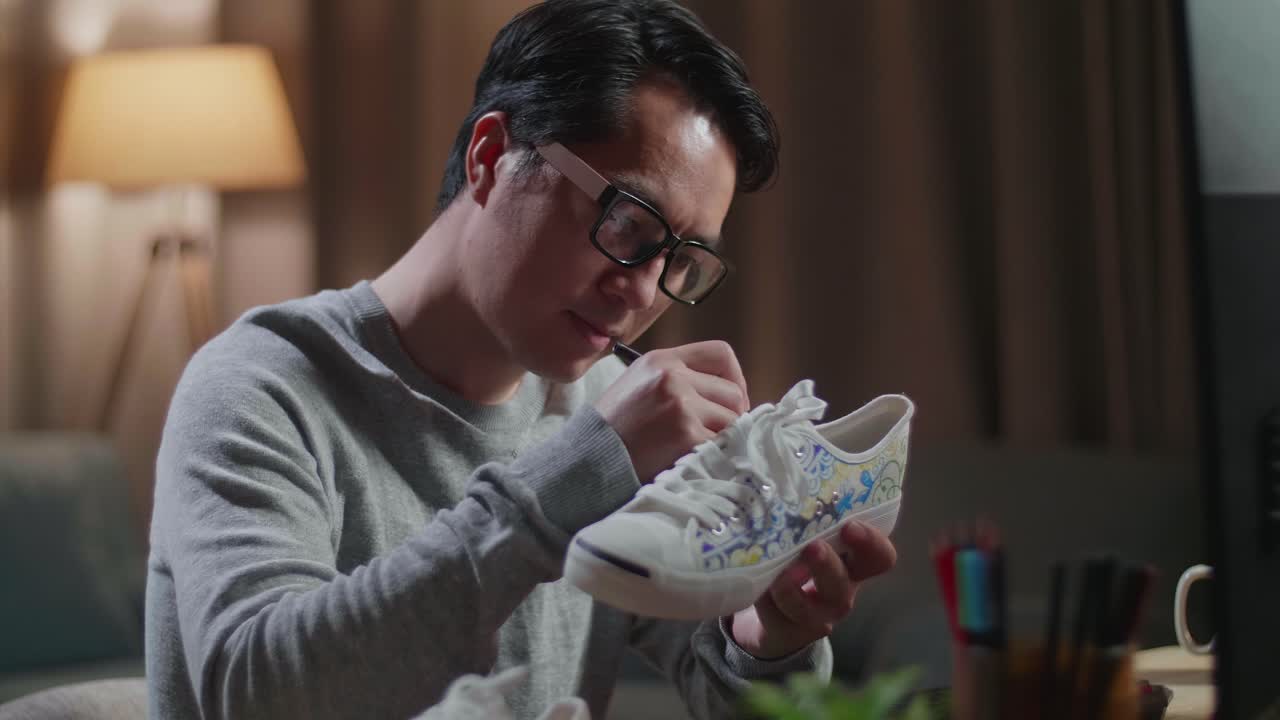 primer plano de un diseñador de calzado masculino asiático con una computadora de escritorio poniendo patrones únicos de colores en zapatillas de deporte en casa