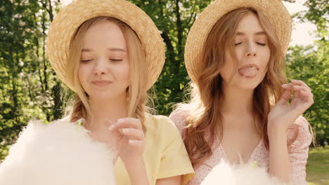 two friends enjoying cotton candy in a park