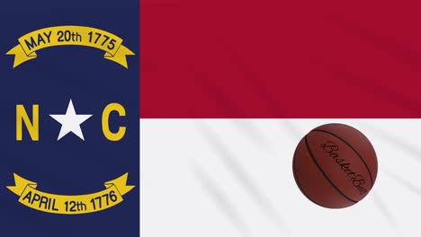 north carolina flag waving and basketball ball rotates, loop