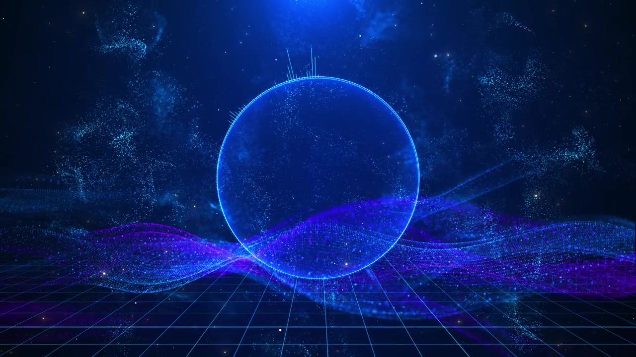 Blue digital sphere circular frame particle waves grid floor futuristic data atmosphere ai virtual