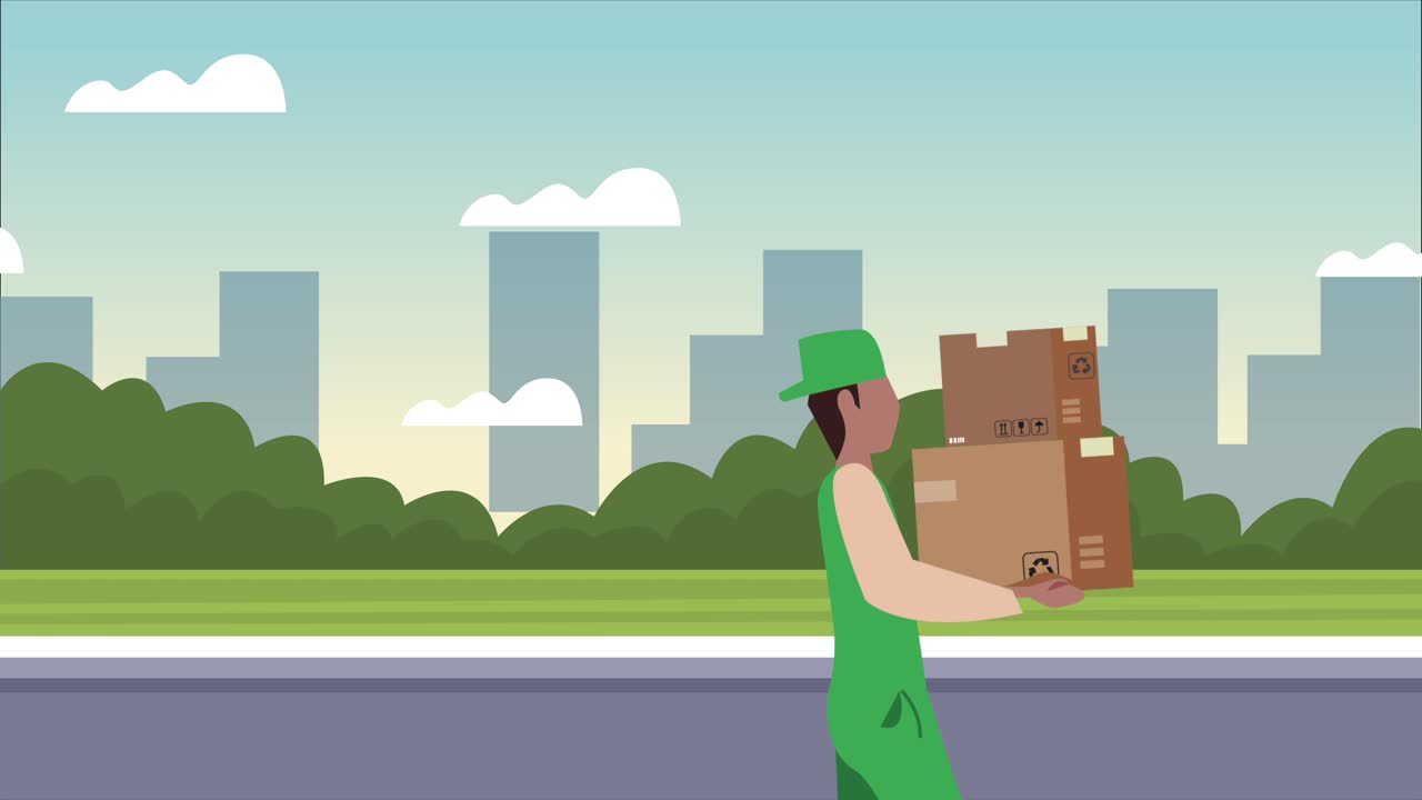 animación de servicio logístico con trabajadores que levantan cajas en la ciudad