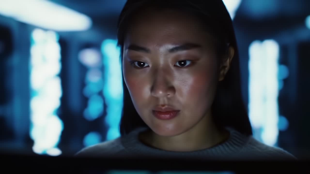 Focused Interaction in a High-Tech Environment: A Close-Up on a Young Woman Engaged with Technology, Reflecting Concentration and Futuristic Elements